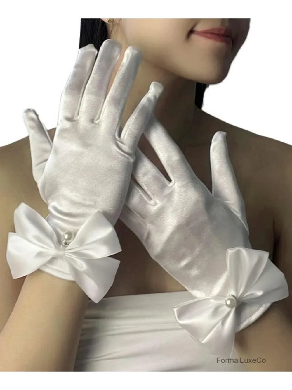 Bridal Satin Opera Gloves with Pearl Bow Detail, Formal Evening Silk Dress